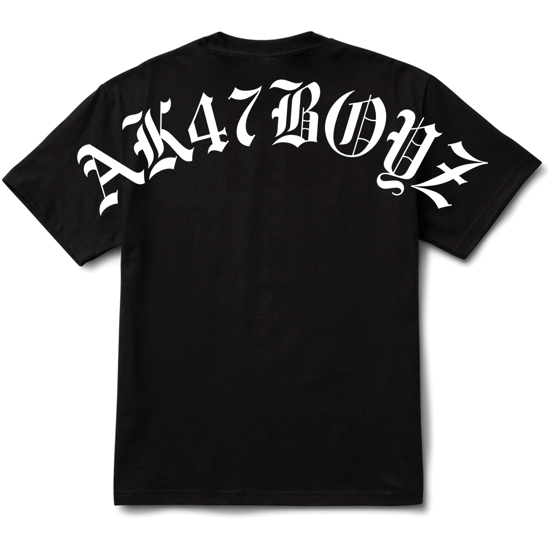 Black t-shirt with white text 'AK47 BOYZ' on a white background