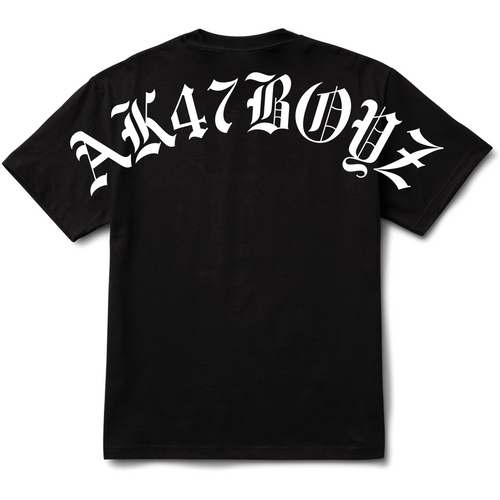 Black t-shirt with white text 'AK47 BOYZ' on a white background