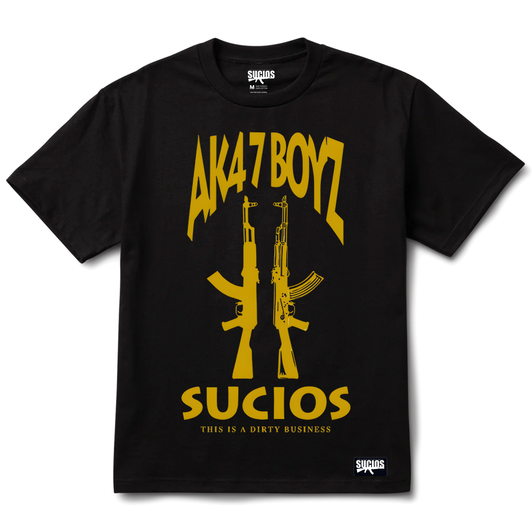 Black t-shirt with yellow graphics and text on a white background