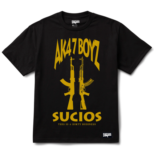 Black t-shirt with yellow graphics and text on a white background